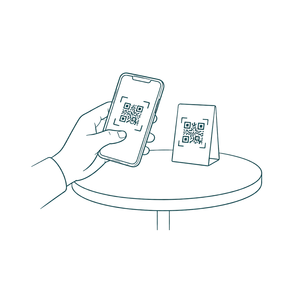 Ръка държи телефон, който сканира QR код на масата
